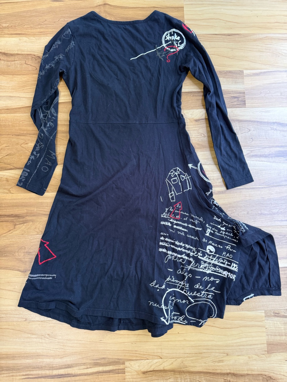 Desigual Black Long-Sleeve Dress with White Script & Red Accents